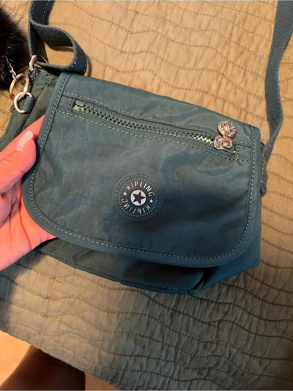 Kipling Teal Crossbody Bag with Pom Pom Charm